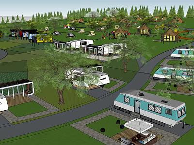 RV Park Garden Landscape With Green Lawns Trees RVs And Pathways 3d model