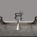 Modern Round White Table and Brown Hollow Chairs Set with Metal Wheels and Green Plant