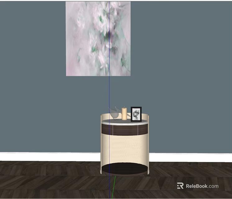 Round Bedside Table With White Brown Design Photo Frame On Blue Wall Wooden Floor 3d model 