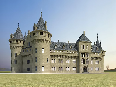 Ancient Castle Architecture With Grand Stone Walls And Pointed Roof Towers 3d model