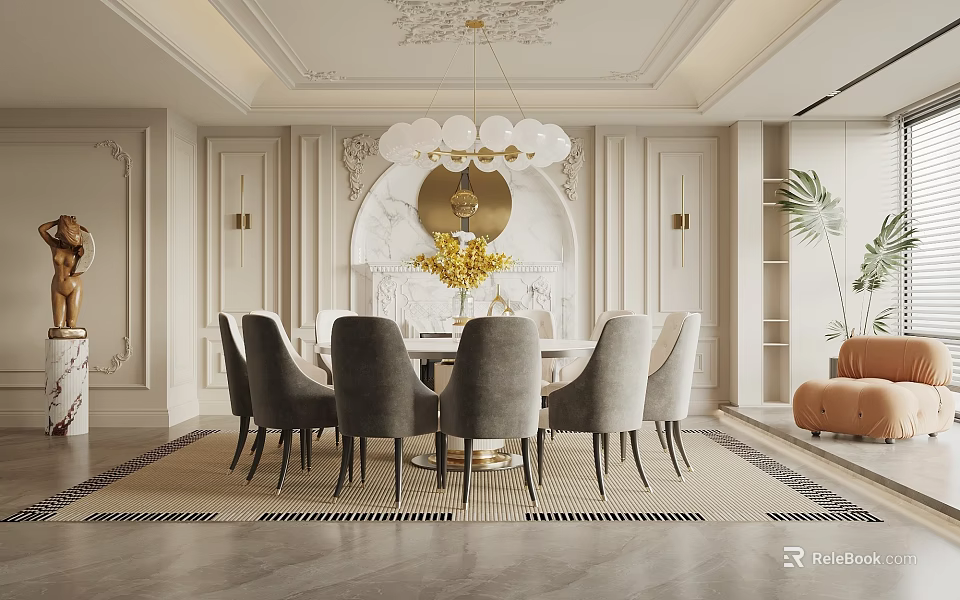 Elegant Modern Dining Room Interior With Round Table Gray Chairs Chandelier And Rug 3d model 