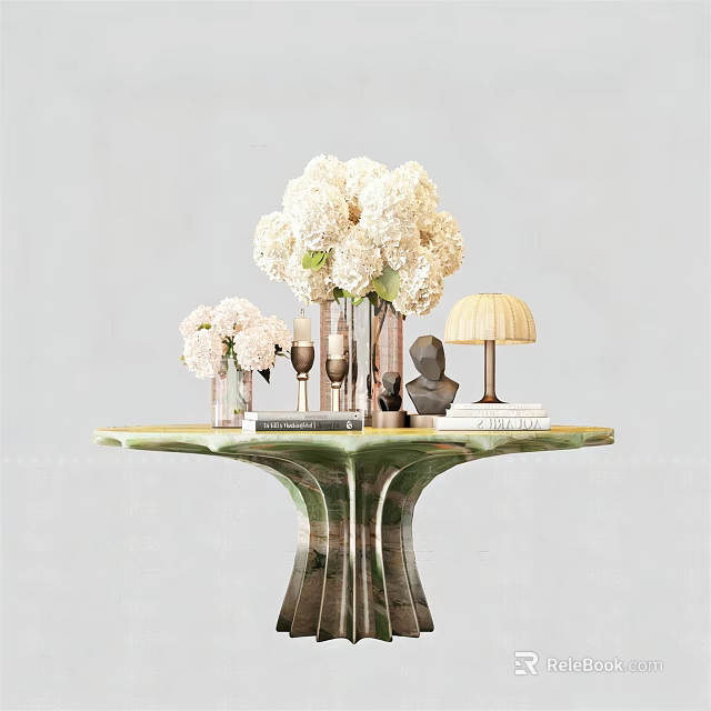 Elegant Console Table With White Flower Arrangement Table Lamp And Decorative Books 3d model 