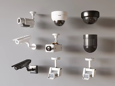 Different Types of Projection Surveillance Cameras Including Dome Bullet and Wall Mounted Models 3d model