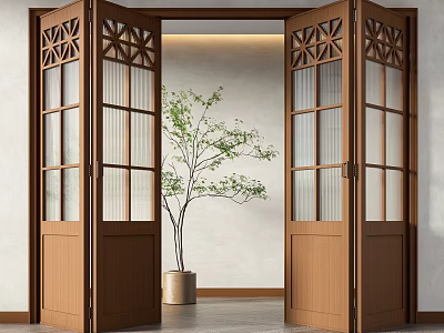 Open Wooden Folding Doors With Glass Panels Decorative Patterns And Green Plant In Indoor 3d model