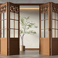 Open Wooden Folding Doors With Glass Panels Decorative Patterns And Green Plant In Indoor