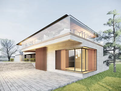 Modern Detached Villa Architectural Design With Glass Windows Wooden Elements And Lawn 3d model