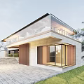 Modern Detached Villa Architectural Design With Glass Windows Wooden Elements And Lawn