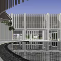 Modern Pergola Slatted Structure with Water Reflection in Urban Landscape