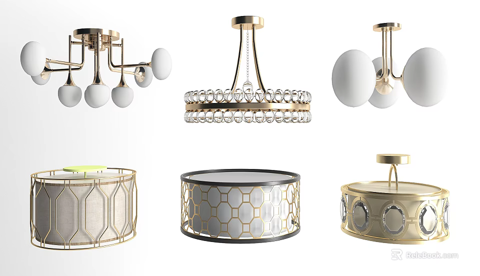 Elegant Modern Lighting Fixture Set With Gold Accents Crystal Details Geometric Patterns And Spherical Shades 3d model