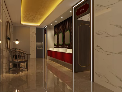 Hotel Bathroom With Marble Walls Golden Ceiling Lighting Strips Red Countertop Vanity And Mirrors 3d model