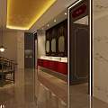 Hotel Bathroom With Marble Walls Golden Ceiling Lighting Strips Red Countertop Vanity And Mirrors