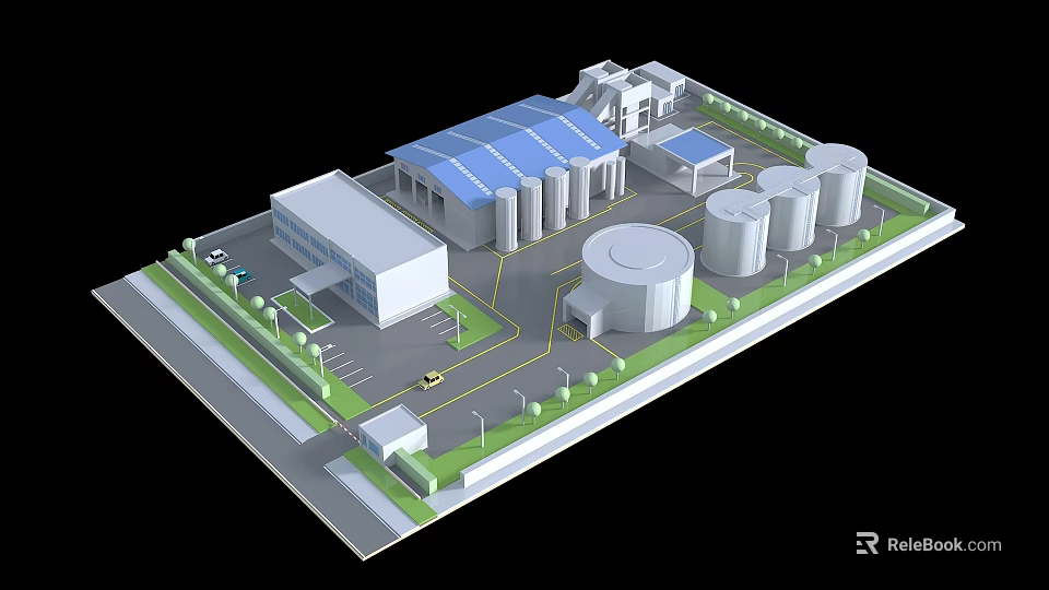 Modern Industrial Factory Site Featuring Blue Roof Building Storage Tanks And Green Spaces 3d model 