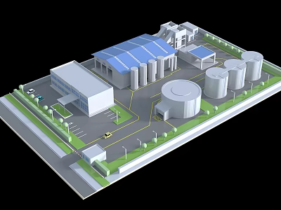 Modern Industrial Factory Site Featuring Blue Roof Building Storage Tanks And Green Spaces 3d model