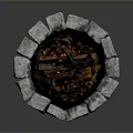 Circular Stone Fire Pit With Burning Logs Flames And Embers