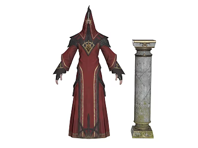 Hooded Character In Red Robe With Ornate Trim Next To Ancient Stone Pillar 3d model