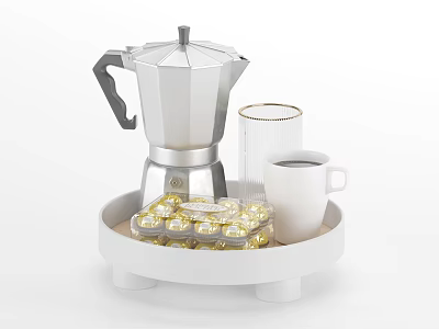 Coffee Setup with Silver Moka Pot Transparent Glass Coffee Cup and Capsules on White Tray 3d model