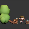 Cartoon Character With Fallen Trees Logs Axe And Kettle As Essential Daily Living Supplies