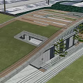 Modern Pavilion With Green Roof And Geometric Structure Surrounded By Lawn And Plants