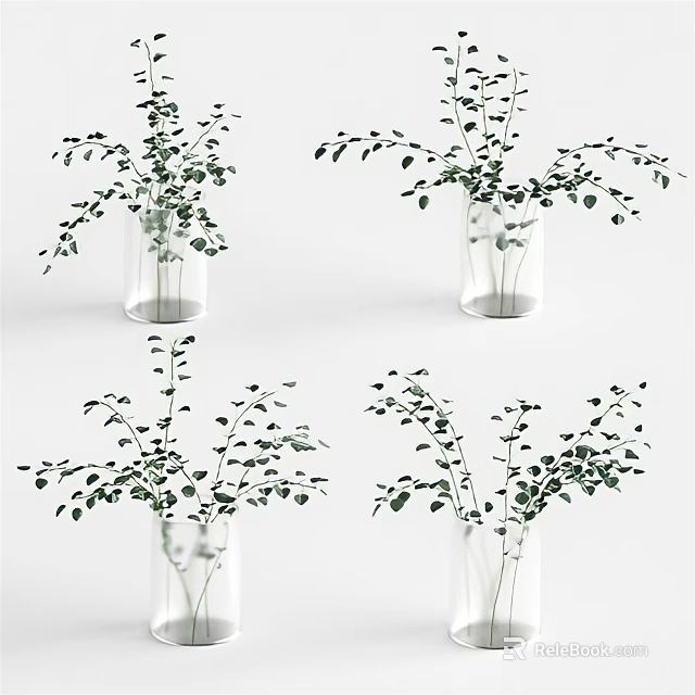 Glass Vases With Green Leaf Plants For Home Decorative Arrangement 3d model 