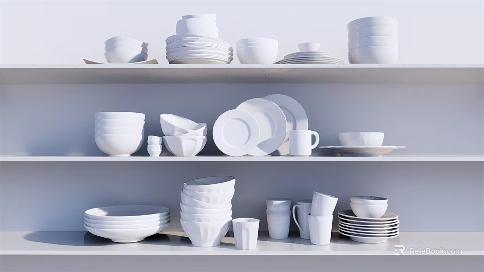 White Dinnerware Set With Plates Bowls Cups Neatly Arranged On Shelves 3d model 