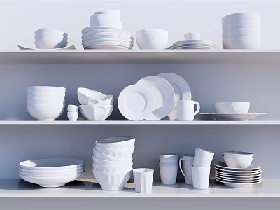 White Dinnerware Set With Plates Bowls Cups Neatly Arranged On Shelves 3d model