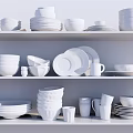 White Dinnerware Set With Plates Bowls Cups Neatly Arranged On Shelves
