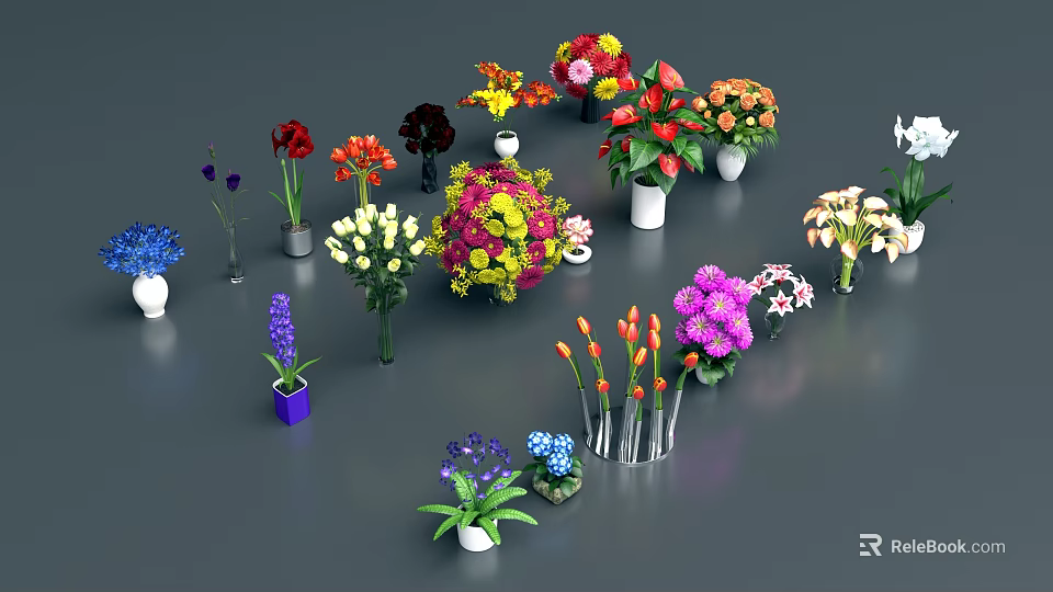 Colorful Potted Plants And Various Flowers In Different Pots On Gray Background 3d model 