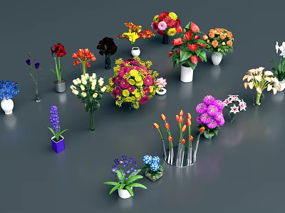 Colorful Potted Plants And Various Flowers In Different Pots On Gray Background 3d model
