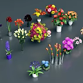 Colorful Potted Plants And Various Flowers In Different Pots On Gray Background