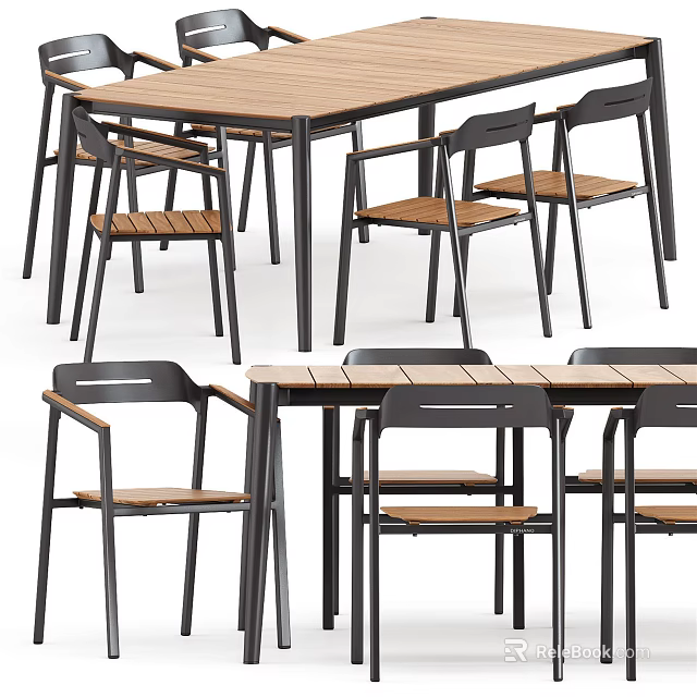 Modern Dining Table Set With Wooden Top Black Frame And Wooden Seat Chairs 3d model 