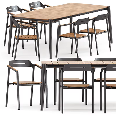 Modern Dining Table Set With Wooden Top Black Frame And Wooden Seat Chairs 3d model