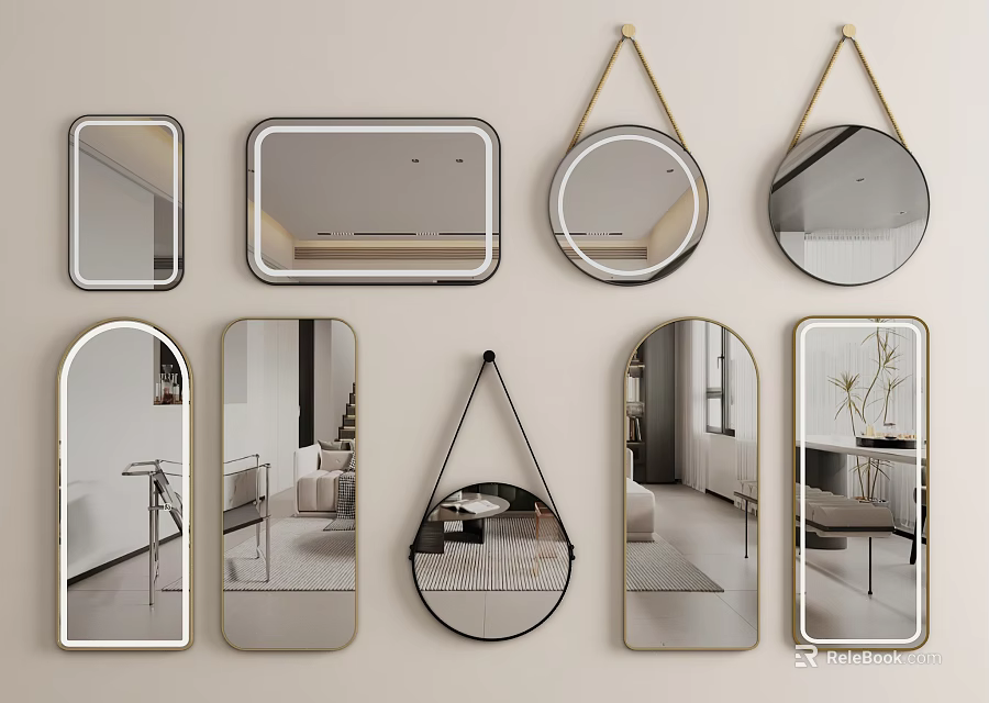 Different Shaped Decorative Modern Mirrors with Stylish Frames Reflecting Interior Scenes for Home Decor 3d model