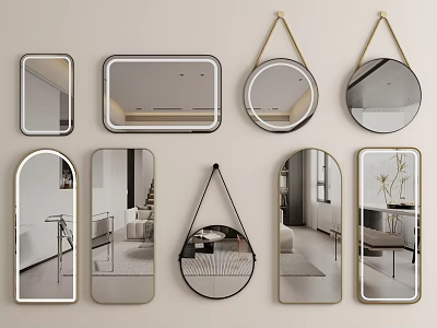 Different Shaped Decorative Modern Mirrors with Stylish Frames Reflecting Interior Scenes for Home Decor 3d model