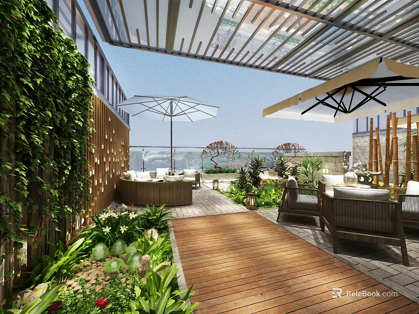Tranquil Garden Landscape Design With Wooden Deck Greenery Wall And Outdoor Furniture 3d model 