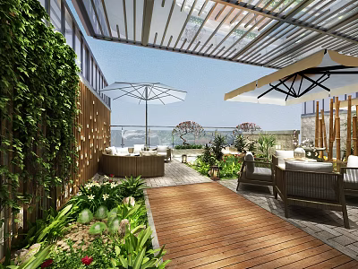 Tranquil Garden Landscape Design With Wooden Deck Greenery Wall And Outdoor Furniture 3d model