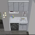 Bathroom Cabinet With Marble Countertop Cleaning Supplies Washing Machine And Lighted Mirror