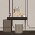Modern Dressing Table With Round Mirror Striped Countertop And Makeup Brushes 3d model