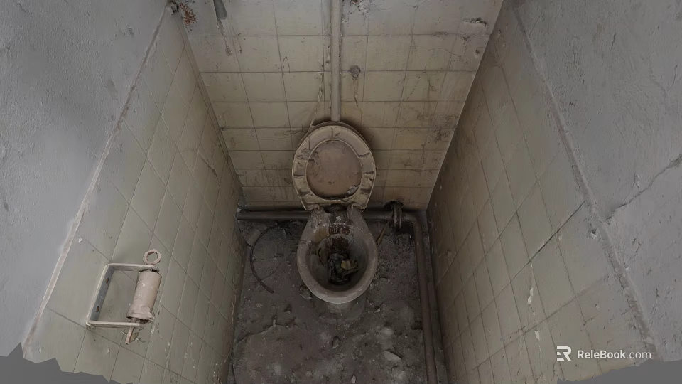 Dirty Old Toilet In Abandoned Bathroom With Cracked Tiles And Rusty Pipes 3d model 