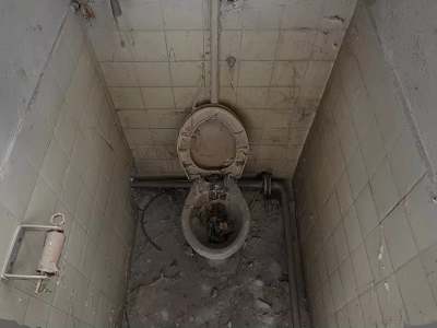 Dirty Old Toilet In Abandoned Bathroom With Cracked Tiles And Rusty Pipes 3d model