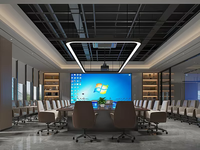 Modern Conference Room Interior With Large Screen Long Conference Table And Comfortable Chairs 3d model