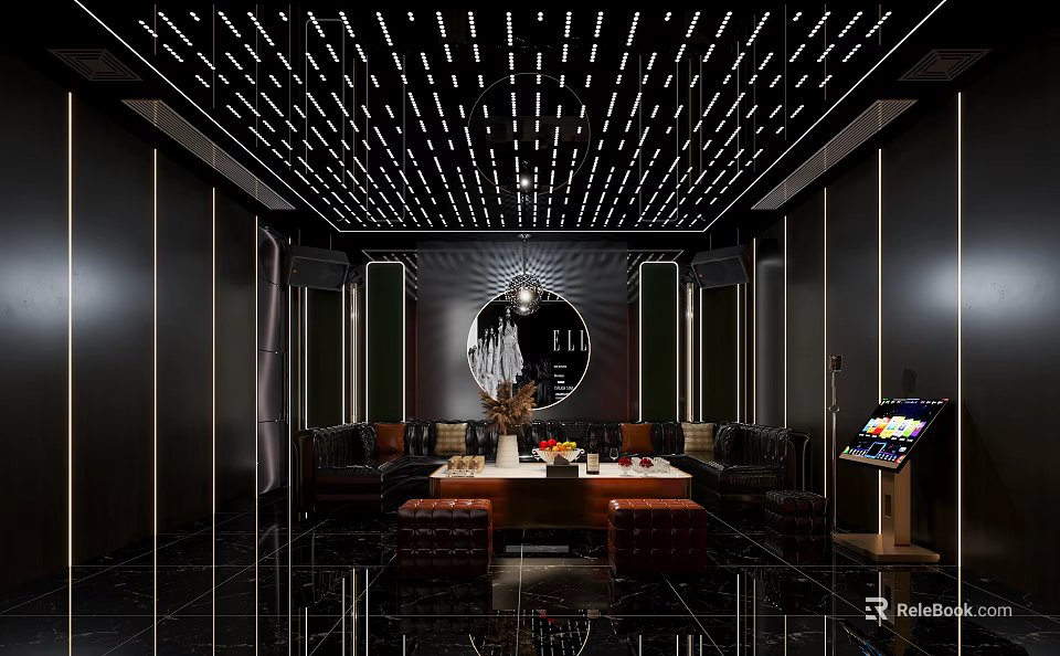 Modern Luxury KTV Interior Design With Ceiling Lights Leather Sofas Round Mirror And Console 3d model