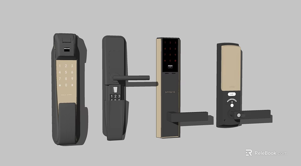 Contemporary Smart Door Lock Designs With Black Gold Finishes And Digital Keypads 3d model 