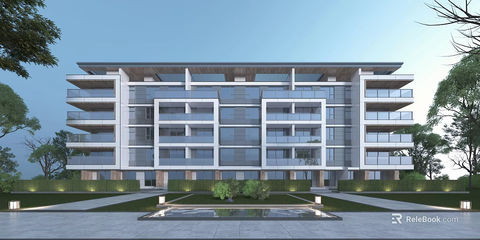 Modern Apartment Building Exterior With Large Glass Windows Lawn And Water Feature 3d model 