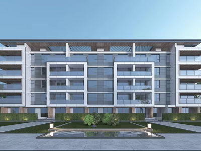 Modern Apartment Building Exterior With Large Glass Windows Lawn And Water Feature 3d model