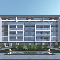 Modern Apartment Building Exterior With Large Glass Windows Lawn And Water Feature