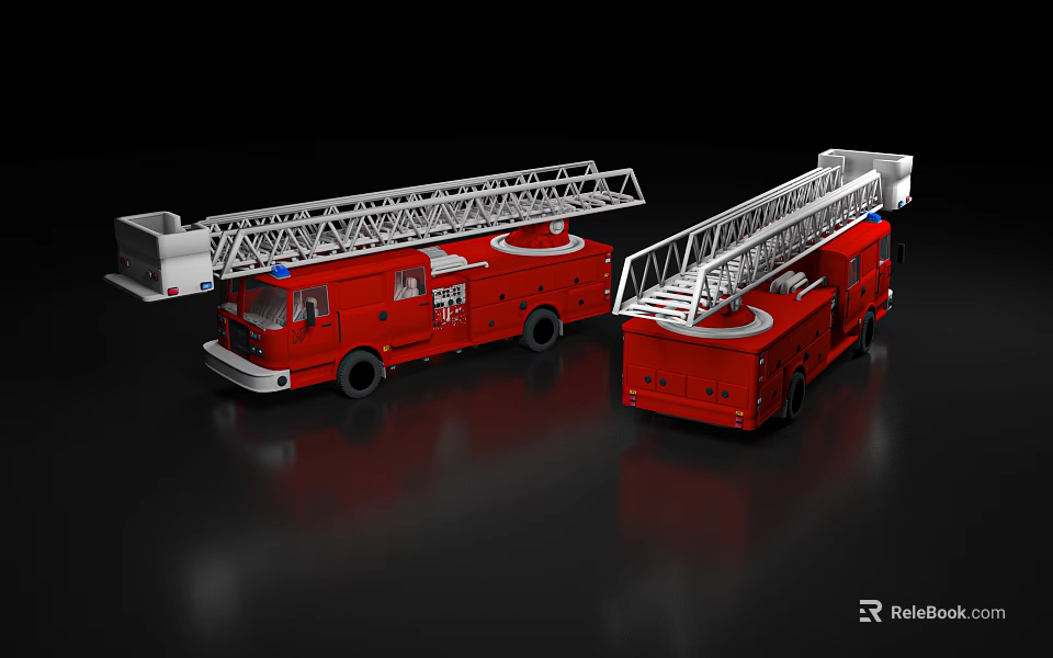 Red Fire Trucks As Functional Vehicles With Extendable Ladders For Emergency Rescue Operations 3d model 