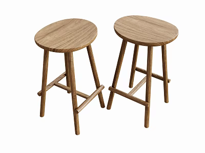 Two Wooden Bar Stools With Round Seat And Crossed Support Legs 3d model