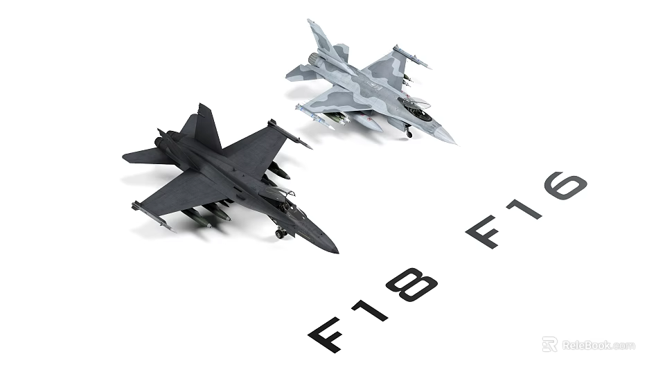 Detailed F18 and F16 Fighter Jet Models Showcased on White Surface 3d model 