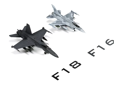 Detailed F18 and F16 Fighter Jet Models Showcased on White Surface 3d model