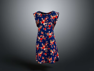 Sleeveless Dark Blue Dress With Red And White Floral Pattern For Daily Use 3d model